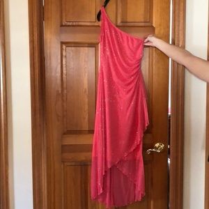 1 shoulder coral high low dress w/ glitter detail